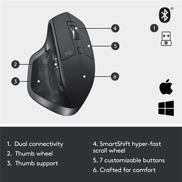 Logitech MX Master 2S Wireless Mouse – Use on Any Surface, Hyper-fast Scrolling Ergonomic Shape Rechargeable Control up to 3 Apple Mac and Windows Computers (Bluetooth or USB) Graphite(500 mAh)