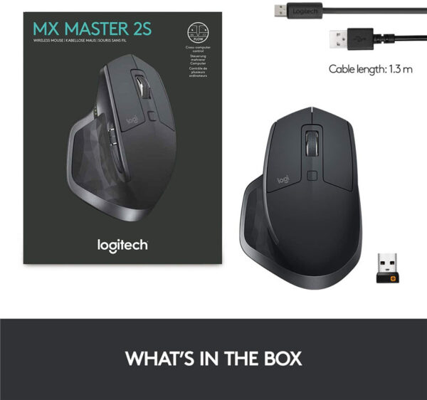 Logitech MX Master 2S Wireless Mouse – Use on Any Surface, Hyper-fast Scrolling Ergonomic Shape Rechargeable Control up to 3 Apple Mac and Windows Computers (Bluetooth or USB) Graphite(500 mAh)