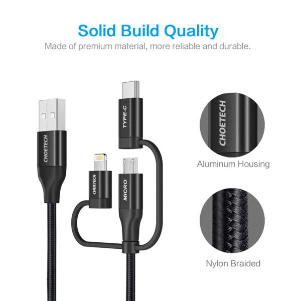 CHOETECH IP0030 Connectors MFI certified 3 in 1 Lightning & Micro USB & USB-C to USB-A/M Nylon braided Cable Fast Charging