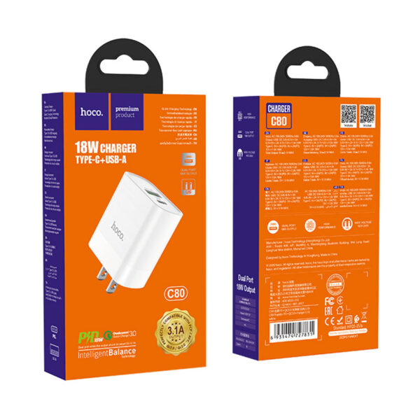 HOCO C80 Rapido PD+QC3.0 Fast Charger For 7/7 Plus/6S/6S Plus/6 Plus/6/SE (2020)/ 11/ 11Pro/11ProMax/XsMax,/XR/ XS/X/8/8 Plus/ AirPods/Ipad/Samsung/LG/HTC/Huawei/Moto/xiao MI and More