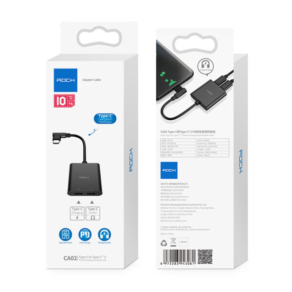 ROCK CA02 Type C to Type C & 2 PD Fast Charging Audio Adapter Cable 12cm