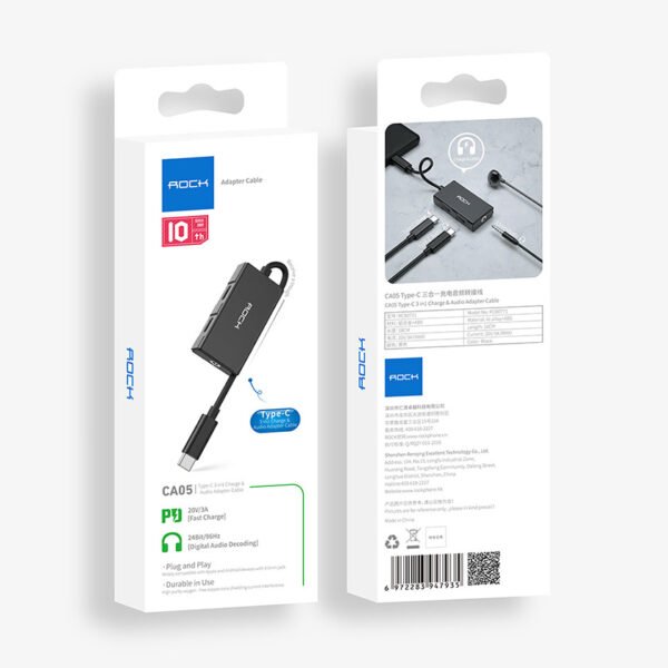 ROCK CA05 Type C 3 in 1 Charge & Audio Adapter Cable (Type C to Type C Audio,Type C Charging,3.5mm) 18cm