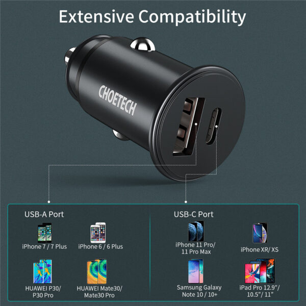 CHOETECH TC0006 PD+QC Fast Car Charger For 7/7 Plus/6S/6S Plus/6 Plus/6/SE (2020)/ 11/ 11Pro/11ProMax/XsMax,/XR/ XS/X/8/8 Plus/ AirPods/Ipad/Samsung/LG/HTC/Huawei/Moto/xiao MI and More