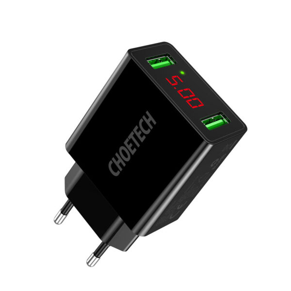 CHOETECH C0028 2*USB A Ports 15W Wall Charger With Digital Display Fast Charging For 7/7 Plus/6S/6S Plus/6 Plus/6/SE (2020)/ 11/ 11Pro/11ProMax/XsMax,/XR/ XS/X/8/8 Plus/ AirPods/Ipad/Samsung/LG/HTC/Huawei/Moto/xiao MI and More