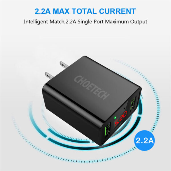 CHOETECH C0028 2*USB A Ports 15W Wall Charger With Digital Display Fast Charging For 7/7 Plus/6S/6S Plus/6 Plus/6/SE (2020)/ 11/ 11Pro/11ProMax/XsMax,/XR/ XS/X/8/8 Plus/ AirPods/Ipad/Samsung/LG/HTC/Huawei/Moto/xiao MI and More