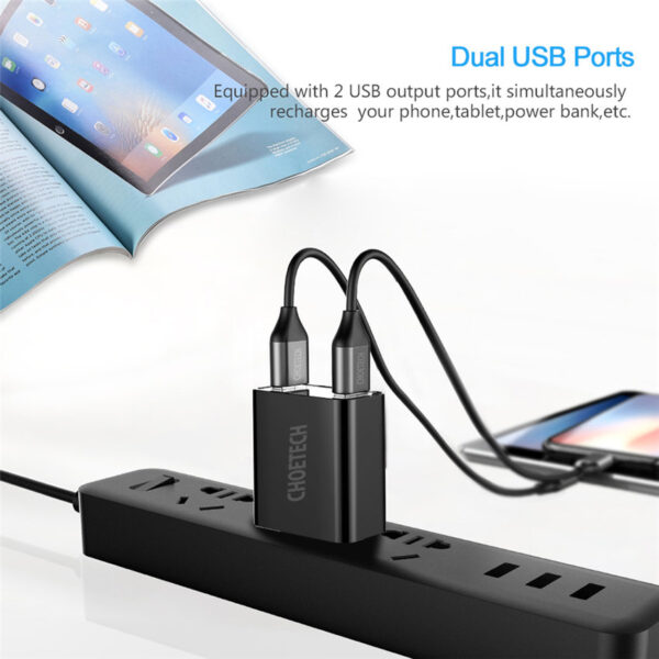 CHOETECH C0028 2*USB A Ports 15W Wall Charger With Digital Display Fast Charging For 7/7 Plus/6S/6S Plus/6 Plus/6/SE (2020)/ 11/ 11Pro/11ProMax/XsMax,/XR/ XS/X/8/8 Plus/ AirPods/Ipad/Samsung/LG/HTC/Huawei/Moto/xiao MI and More