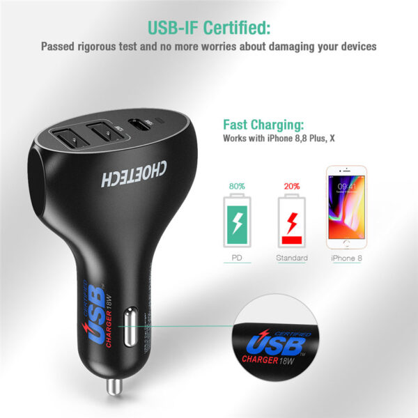 CHOETECH C0062 Three ports PD type C Car Charger