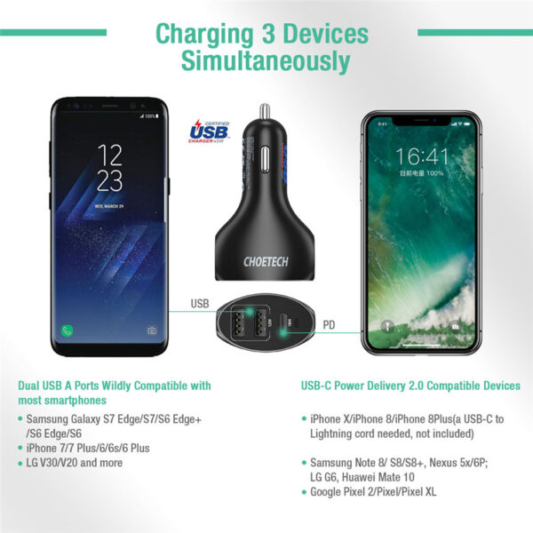 CHOETECH C0062 Three ports PD type C Car Charger