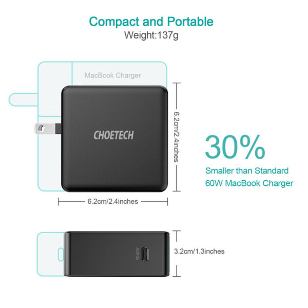 CHOETECH Q4004 PD 60W Fast Charging For 7/7 Plus/6S/6S Plus/6 Plus/6/SE (2020)/ 11/ 11Pro/11ProMax/XsMax,/XR/ XS/X/8/8 Plus/ AirPods/Ipad/MacBook/Samsung/LG/HTC/Huawei/Moto/xiao MI and More