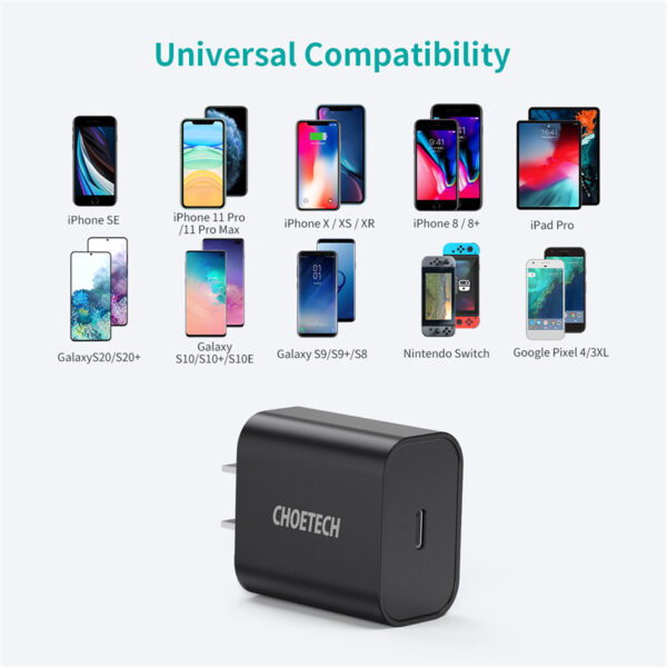 CHOETECH Q5004 18W USB-C PD Fast Charging For 7/7 Plus/6S/6S Plus/6 Plus/6/SE (2020)/ 11/ 11Pro/11ProMax/XsMax,/XR/ XS/X/8/8 Plus/ AirPods/Ipad/Samsung/LG/HTC/Huawei/Moto/xiao MI and More