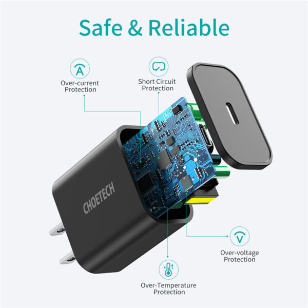 CHOETECH Q5004 18W USB-C PD Fast Charging For 7/7 Plus/6S/6S Plus/6 Plus/6/SE (2020)/ 11/ 11Pro/11ProMax/XsMax,/XR/ XS/X/8/8 Plus/ AirPods/Ipad/Samsung/LG/HTC/Huawei/Moto/xiao MI and More