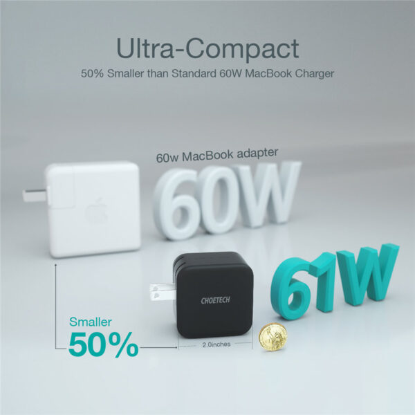CHOETECH Q6006 PD 61W USB-C Mini Charger Fast Charging For 7/7 Plus/6S/6S Plus/6 Plus/6/SE (2020)/ 11/ 11Pro/11ProMax/XsMax,/XR/ XS/X/8/8 Plus/ AirPods/Ipad/MacBook/Samsung/LG/HTC/Huawei/Moto/xiao MI and More