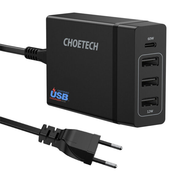 CHOETECH PD72-1C3U Four ports Wall Fast Charging For 7/7 Plus/6S/6S Plus/6 Plus/6/SE (2020)/ 11/ 11Pro/11ProMax/XsMax,/XR/ XS/X/8/8 Plus/ AirPods/Ipad/Samsung/LG/HTC/Huawei/Moto/xiao MI and More