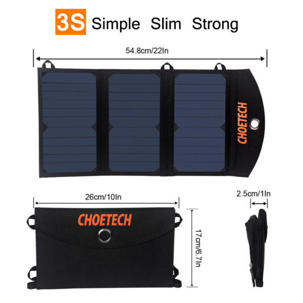 CHOETECH SC001 19W Three Panels Solar Charger Dual USB(5V/4A Max Overall), Portable Waterproof Solar Panels Phone Charger Compatible With Phone 11/Xs/XR/X/8, iPad, Samsung Galaxy, LG, Google Pixel And More