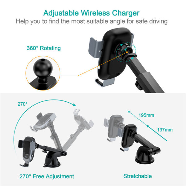 CHOETECH T542-S 15W Fast Wireless Car Charger Fast Charging For 7/7 Plus/6S/6S Plus/6 Plus/6/SE (2020)/ 11/ 11Pro/11ProMax/XsMax,/XR/ XS/X/8/8 Plus/ AirPods/Ipad/Samsung/LG/HTC/Huawei/Moto/xiao MI and More