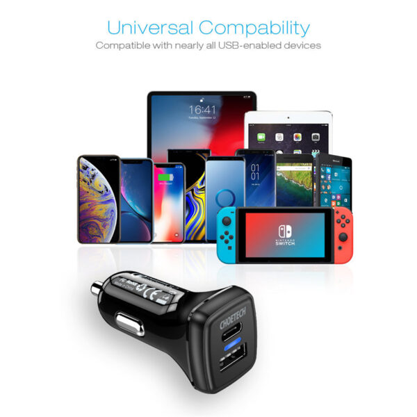 CHOETECH TC0005 CHOETECH Quick Charge 3.0 QC USB Car Charge Fast Charging For 7/7 Plus/6S/6S Plus/6 Plus/6/SE (2020)/ 11/ 11Pro/11ProMax/XsMax,/XR/ XS/X/8/8 Plus/ AirPods/Ipad/Samsung/LG/HTC/Huawei/Moto/xiao MI and More