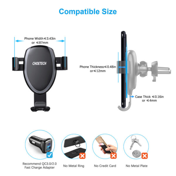 CHOETECH T536-S Air Vent Phone Holder Wireless Car Charger For 11/11Pro/11ProMax/XR/XsMax/XS/X/8/8Plus/S20/S10/S9/S8/Note 10/Note 9 and More