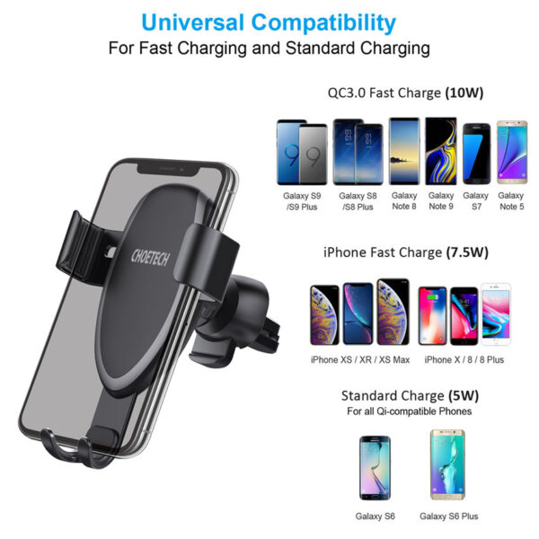 CHOETECH T536-S Air Vent Phone Holder Wireless Car Charger For 11/11Pro/11ProMax/XR/XsMax/XS/X/8/8Plus/S20/S10/S9/S8/Note 10/Note 9 and More