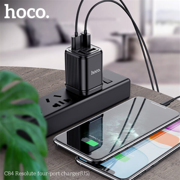 HOCO C84 Four-Port Charger Fast Charging For 7/7 Plus/6S/6S Plus/6 Plus/6/SE (2020)/ 11/ 11Pro/11ProMax/XsMax,/XR/ XS/X/8/8 Plus/ AirPods/Ipad/Samsung/LG/HTC/Huawei/Moto/xiao MI and More