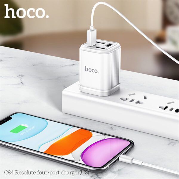 HOCO C84 Four-Port Charger Fast Charging For 7/7 Plus/6S/6S Plus/6 Plus/6/SE (2020)/ 11/ 11Pro/11ProMax/XsMax,/XR/ XS/X/8/8 Plus/ AirPods/Ipad/Samsung/LG/HTC/Huawei/Moto/xiao MI and More