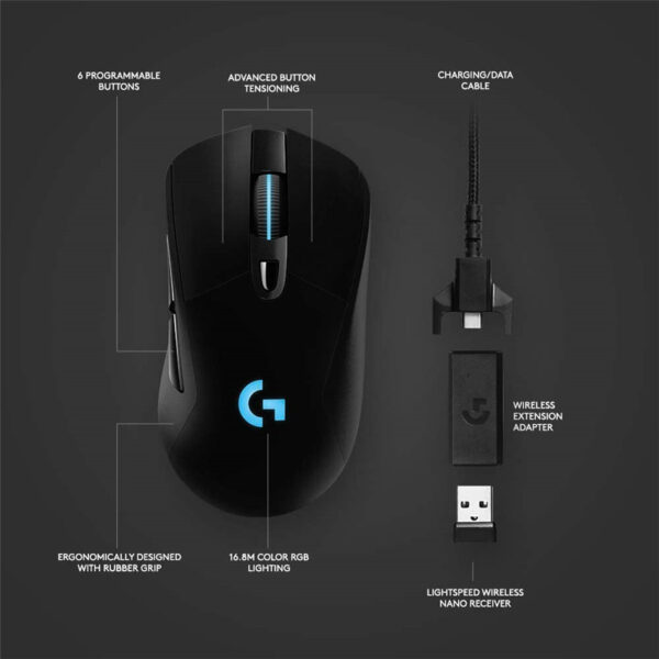 Logitech G703 Lightspeed Wireless Gaming Mouse W/Hero 16K Sensor PowerPlay Compatible Lightsync RGB Lightweight 95G+10G Optional 100-16, 000 DPI Rubber Side Grips - Black