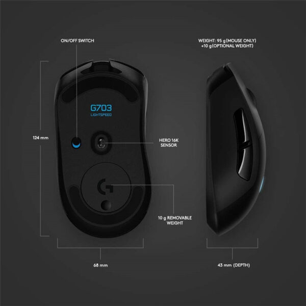 Logitech G703 Lightspeed Wireless Gaming Mouse W/Hero 16K Sensor PowerPlay Compatible Lightsync RGB Lightweight 95G+10G Optional 100-16, 000 DPI Rubber Side Grips - Black