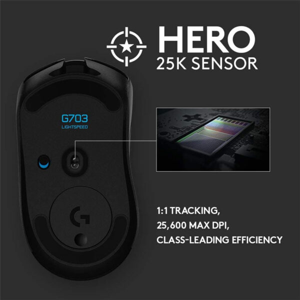 Logitech G703 Lightspeed Wireless Gaming Mouse W/Hero 16K Sensor PowerPlay Compatible Lightsync RGB Lightweight 95G+10G Optional 100-16, 000 DPI Rubber Side Grips - Black