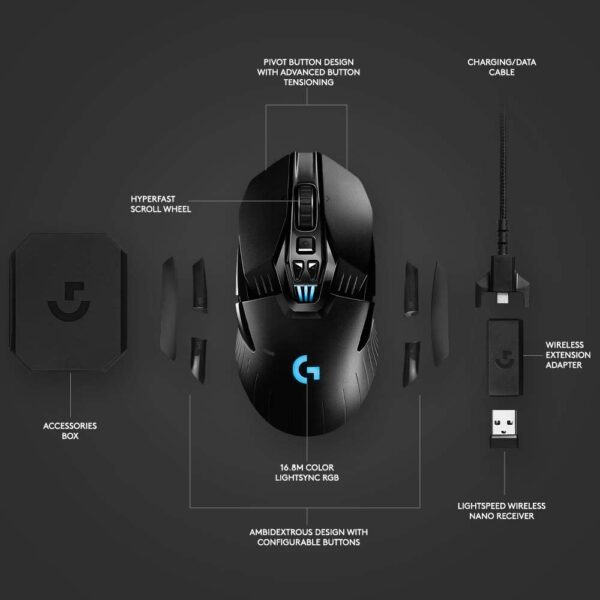 Logitech G903 LIGHTSPEED Wireless Gaming Mouse W/ Hero 16K Sensor 140+ Hour with Rechargeable Battery and Lightsync RGB PowerPlay Compatible Ambidextrous 107G+10G Optional 16, 000 DPI