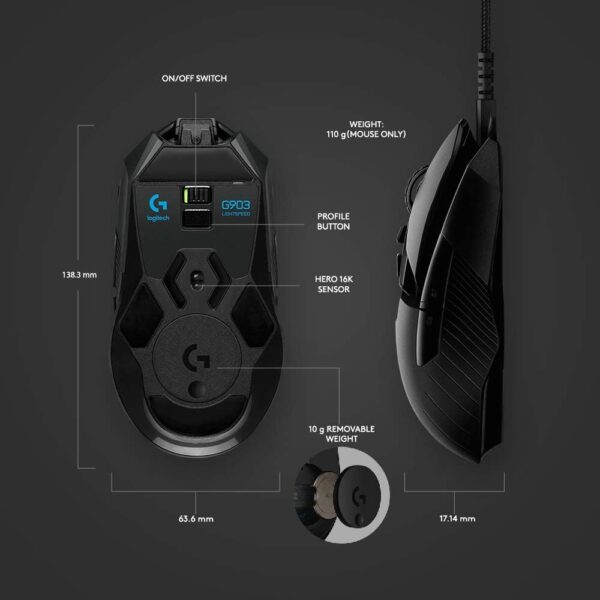 Logitech G903 LIGHTSPEED Wireless Gaming Mouse W/ Hero 16K Sensor 140+ Hour with Rechargeable Battery and Lightsync RGB PowerPlay Compatible Ambidextrous 107G+10G Optional 16, 000 DPI