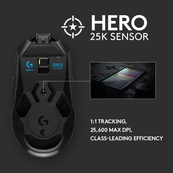 Logitech G903 LIGHTSPEED Wireless Gaming Mouse W/ Hero 16K Sensor 140+ Hour with Rechargeable Battery and Lightsync RGB PowerPlay Compatible Ambidextrous 107G+10G Optional 16, 000 DPI