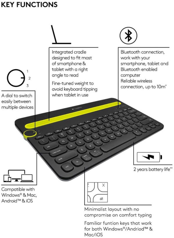 Logitech Bluetooth Multi-Device Keyboard K480 – Black – Works With Windows And Mac Computers Android And iOS Tablets And Smartphones