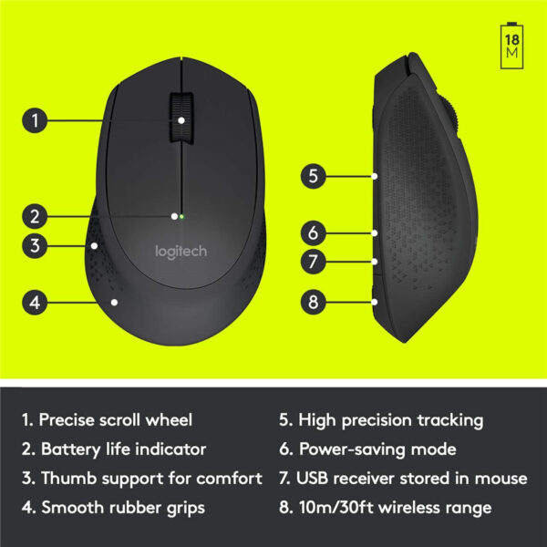 Logitech M330 Silent Plus Wireless Mouse – Enjoy Same Click Feel with 90% Less Click Noise 2 Year Battery Life Ergonomic Right-Hand Shape for Computers and Laptops USB Unifying Receiver Black