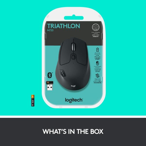Logitech M720 Triathalon Multi-Device Wireless Mouse – Easily Move Text Images and Files Between 3 Windows and Apple Mac Computers Paired with Bluetooth or USB Hyper-Fast Scrolling Black