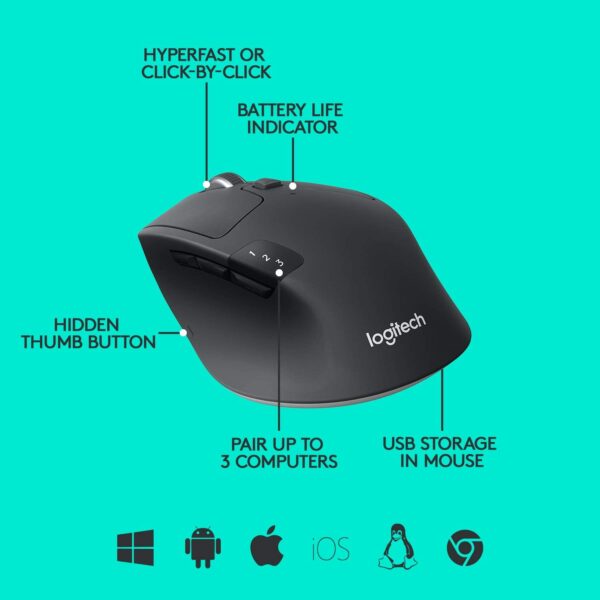 Logitech M720 Triathalon Multi-Device Wireless Mouse – Easily Move Text Images and Files Between 3 Windows and Apple Mac Computers Paired with Bluetooth or USB Hyper-Fast Scrolling Black