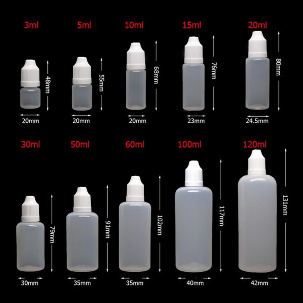 100pcs PE Empty Squeezable Ejuice Bottles With Childproof 3ml/5ml/10ml/15ml/20ml/30ml/50ml/60ml/100ml/120ml