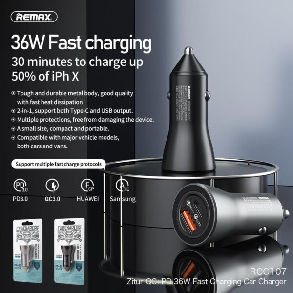 REMAX RCC-107 Fast Charging PD+QC Type-C Car Charger For 7/7 Plus/6S/6S Plus/6 Plus/6/SE (2020)/ 11/ 11Pro/11ProMax/XsMax,/XR/ XS/X/8/8 Plus/ AirPods/Ipad/Samsung/LG/HTC/Huawei/Moto/xiao MI and More