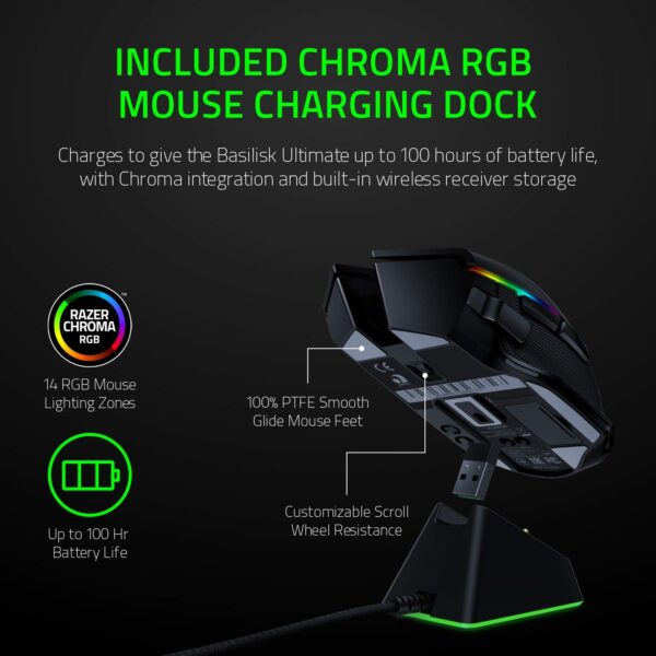 Razer Basilisk Ultimate HyperSpeed Wireless Gaming Mouse w/ Charging Dock: Fastest Gaming Mouse Switch - 20K DPI Optical Sensor - Chroma RGB - 11 Programmable Buttons