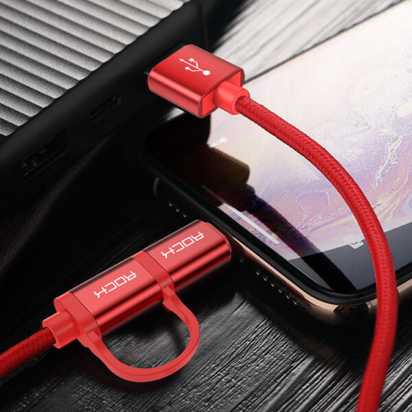 ROCK USB A to USB-C,Lightning 2 in 1 Metal Charge,Sync Round Cable 100cm