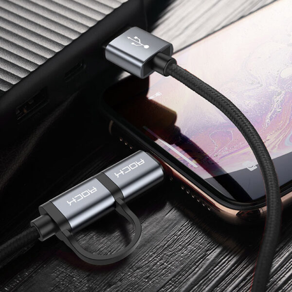 ROCK USB A to USB-C,Lightning 2 in 1 Metal Charge,Sync Round Cable 100cm