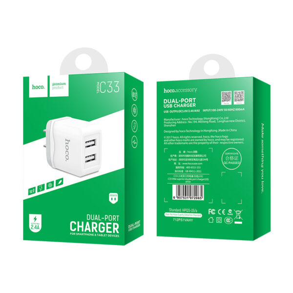 HOCO C33 Little Superior Double Port Fast Charger For 7/7 Plus/6S/6S Plus/6 Plus/6/SE (2020)/ 11/ 11Pro/11ProMax/XsMax,/XR/ XS/X/8/8 Plus/ AirPods/Ipad/Samsung/LG/HTC/Huawei/Moto/xiao MI and More