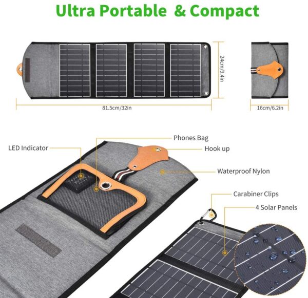 CHOETECH SC005 22W Three Panels Solar Charger Dual USB(5V/4A Max Overall), Portable Waterproof Solar Panels Phone Charger Compatible With Phone 11/Xs/XR/X/8, iPad, Samsung Galaxy, LG, Google Pixel And More