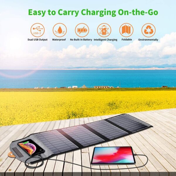 CHOETECH SC005 22W Three Panels Solar Charger Dual USB(5V/4A Max Overall), Portable Waterproof Solar Panels Phone Charger Compatible With Phone 11/Xs/XR/X/8, iPad, Samsung Galaxy, LG, Google Pixel And More