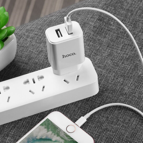 HOCO C62A Victoria Dual Port Fast Charger For 7/7 Plus/6S/6S Plus/6 Plus/6/SE (2020)/ 11/ 11Pro/11ProMax/XsMax,/XR/ XS/X/8/8 Plus/ AirPods/Ipad/Samsung/LG/HTC/Huawei/Moto/xiao MI and More