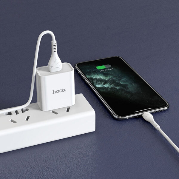 HOCO C81 Asombroso White Single Port Charger Set Fast Charger For 7/7 Plus/6S/6S Plus/6 Plus/6/SE (2020)/ 11/ 11Pro/11ProMax/XsMax,/XR/ XS/X/8/8 Plus/ AirPods/Ipad/Samsung/LG/HTC/Huawei/Moto/xiao MI and More