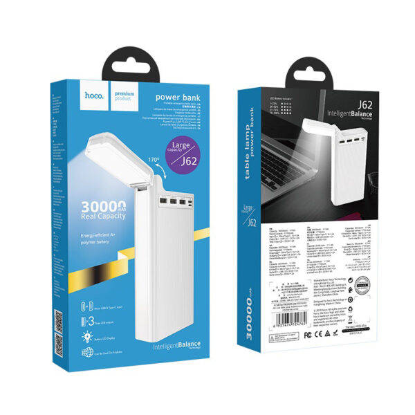 HOCO J62 Jove Table Lamp Mobile Power Bank High Speed Charging For 7/7 Plus/6S/6S Plus/6 Plus/6/SE (2020)/ 11/ 11Pro/11ProMax/XsMax,/XR/ XS/X/8/8 Plus/ AirPods/Ipad/Samsung/LG/HTC/Huawei/Moto/xiao MI and More(30000mAh)