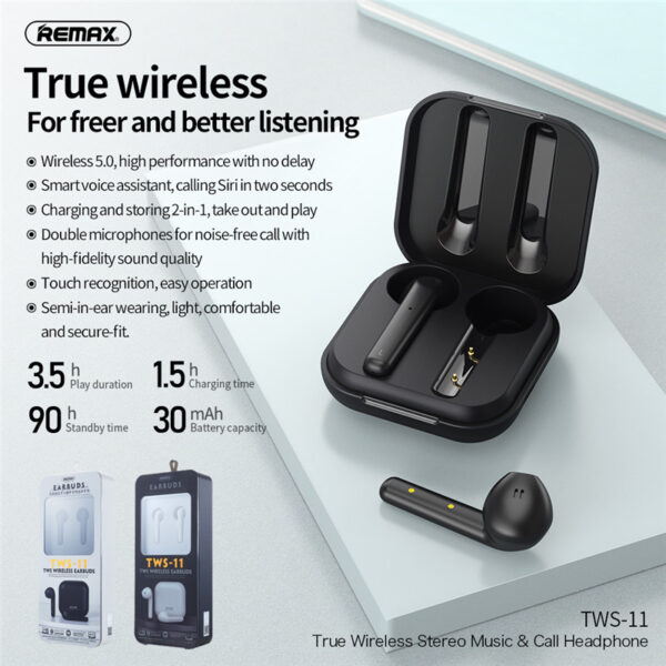 REMAX TWS-11 Bluetooth 5.0 True Wireless Earbuds With Charging Case Premium Sound With Deep Bass For Sport Running 300mAh