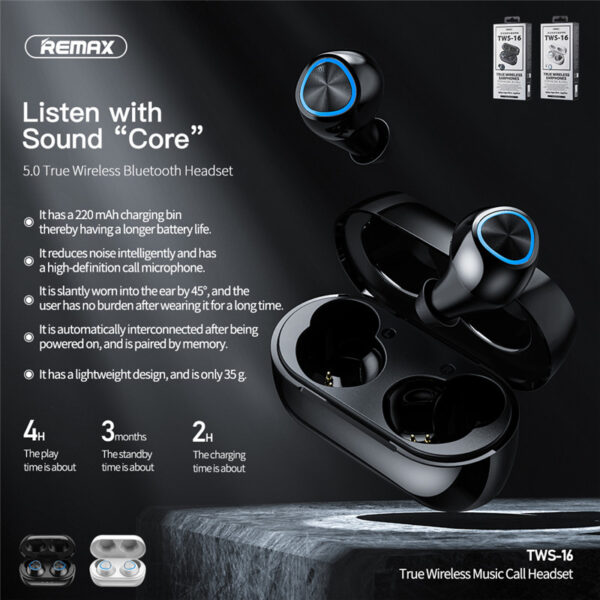 REMAX TWS-16 Bluetooth 5.0 True Wireless Earbuds With Charging Case Premium Sound With Deep Bass For Sport Running 220mAh