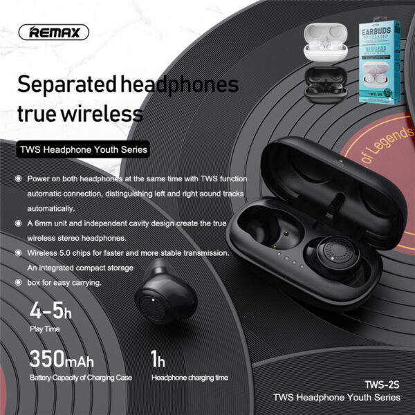 REMAX TWS-2S Bluetooth 5.0 True Wireless Headset Premium SREMAound With Deep Bass For Sport Running 350mAh